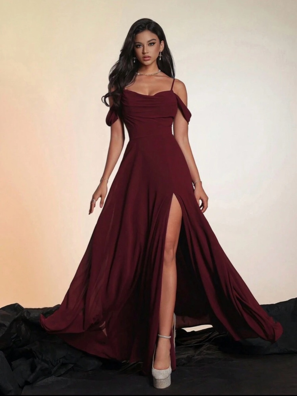 Off-Shoulder Wine/Burgundy Red Prom Gown with Side Slit